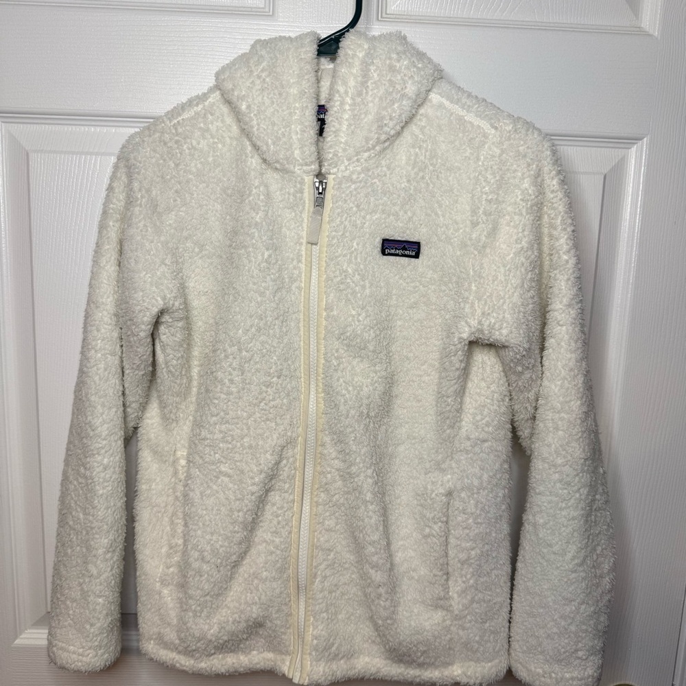Patagonia Kids' White Cozy Fleece Zip Up Hooded Jacket Size XL 14 GUC